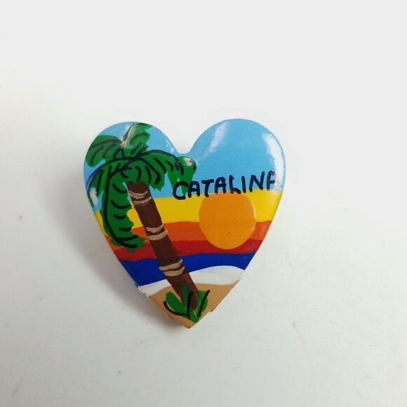 Vintage Catalina Heart Shape Tropical Palm Tree Sunset Brooch, Lapel Pin - Picture 2 of 6